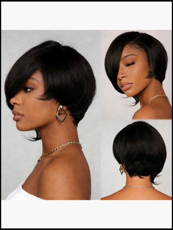 Short Pixie Cut Human Hair Wig Glueless Side-swept Bangs Lightweight Machine main image 4